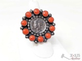 Crazy Best Navajo Coral Coin Sterling Silver Native American Ring