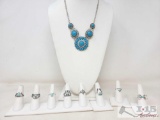 (8) Fashion Rings with Turquoise Stone and Fashion Necklace