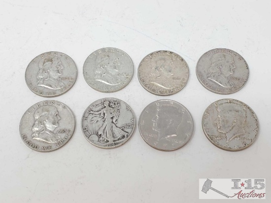 5 Franklin Half Dollars, a Walking Liberty Half Dollar, and 2 Kennedy Half Silver Dollars