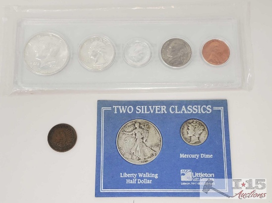 Kennedy 1964 Mint Set, Two Silver Classics & 1864 Indian Head Penny