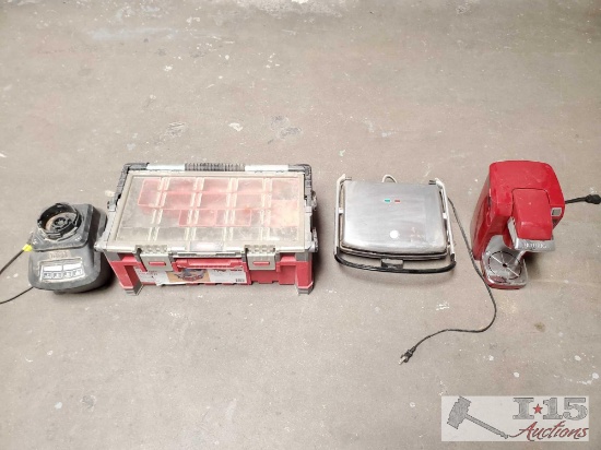 Keter Toolbox, Keurig K10, GDL Panini Maker, and Ninja Blender Base