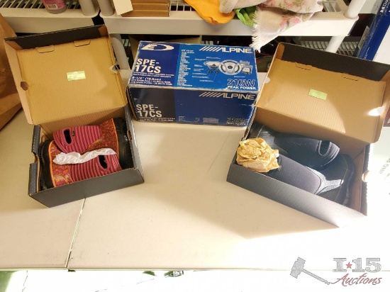 2 Pairs of Bogs Boots, and Alpine SPE-17CS Speaker