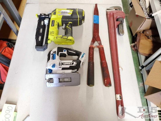 Hedgeclippers, Pipe Wrench, Ryobi Nailer, and Hart Jigsaw