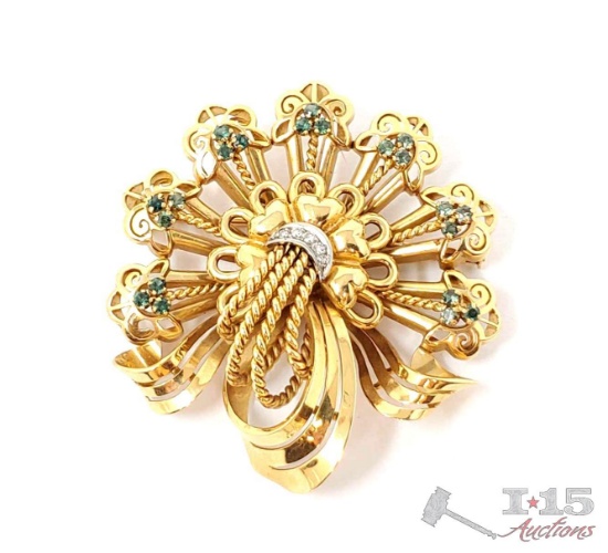 18k Gold Pin with Diamond and Green Spinel Accents, 20.9g
