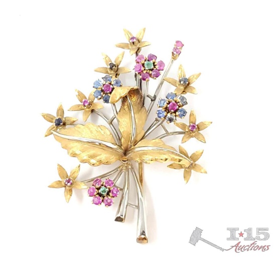 18k Gold Pin with Aquamarine, Sapphire and Ruby, 21.9g