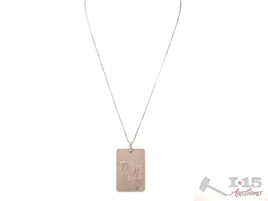 Engraved 18k White Fold Bar Pendant with Chain, 53.3g