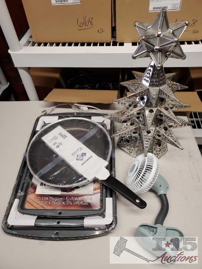 Cooking/Baking Pans, Christmas Tree Decor and Desk Clip Fan