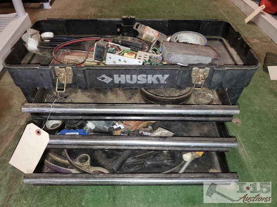 Husky Tool Box With Misc Hardware And Hand Tools