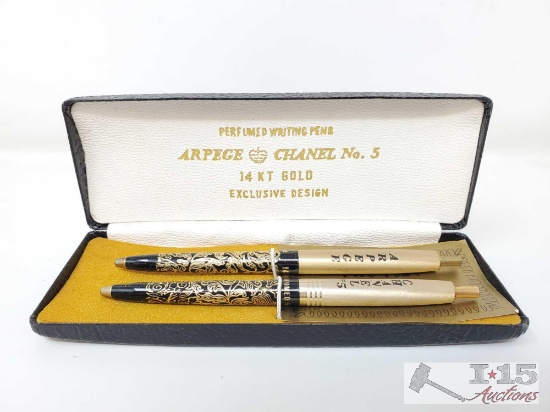 (2) 14k Gold Perfumed Writing Arpege Chanel No.5 Exclusive Design in Original Box, 12.4g