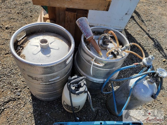 (2) 15.5 U.S. Gallon Beer Kegs, Carbon Dioxide Tank and Multi-Purpose Sprayer