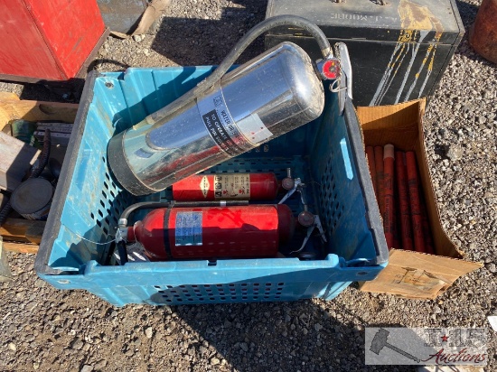 5 Fire Extinguishers And Box Of Road Flares
