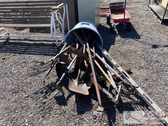 Trash Bin With 2 Craftsman Weed Wackers, Rakes, And More