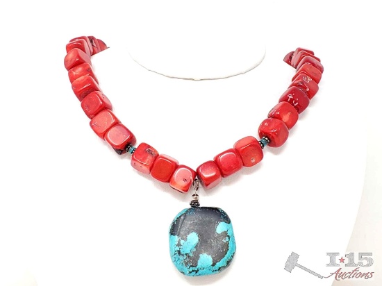 Native American Sterling Silver Turquoise and Coral Necklace, 152.2g