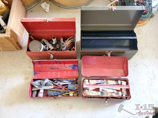 4 Toolboxes with Art Supplies, Tools, and Parts