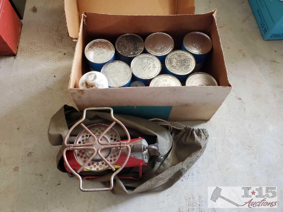 Heavy Duty Motor Oil Cans, Industrial Cleaner, Belt Dressing and Propane Gas Cook Stove