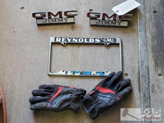 GMC License Plate, Emblems and Milwaukee L Gloves