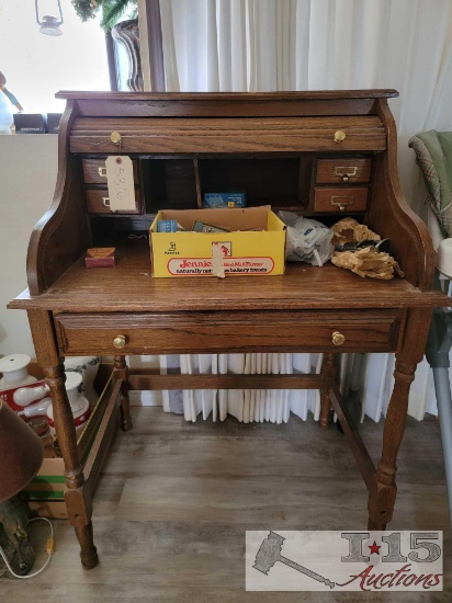 Roll Top Desk with Office Supplies and Halogen Light Bulbs
