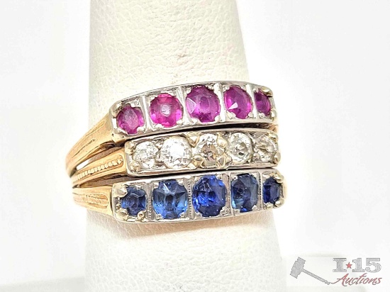 14k Gold 3 Row Diamond Accent Ring, 6g