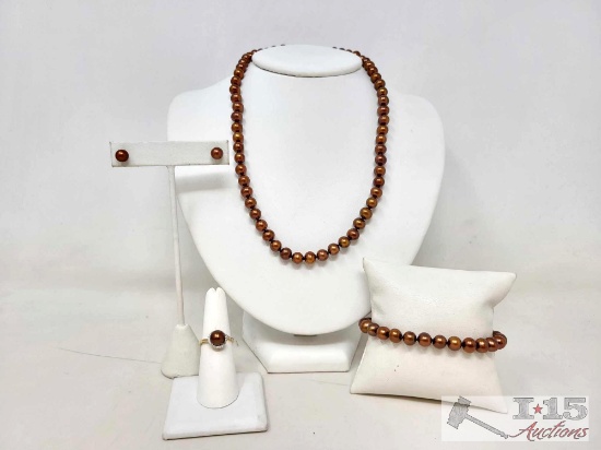 14k Gold Pearl Necklace, Earrings, Bracelet & Diamond Accent Ring Set, 4.3g