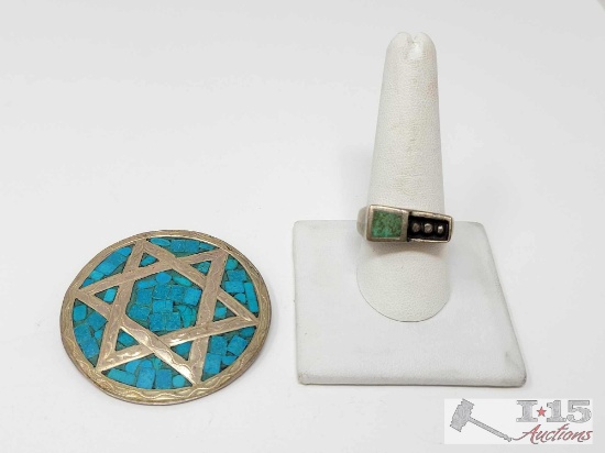 Sterling Silver Inlayed Pin & Ring, 27.7g