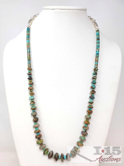 NAVAJO PEARLS ROYSTON Boulder Ribbon TURQUOISE STERLING Silver 30" Necklace