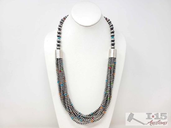 Native American Sterling Silver Layered Navajo Bead 12 Strand Necklace,