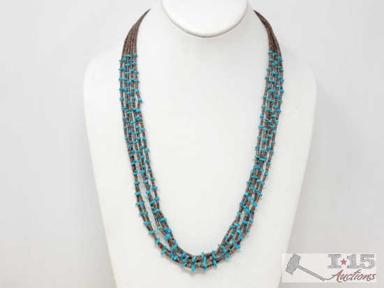 Five Strand Fine Heishi and Turquoise Necklace