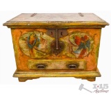 Painted Wood Parrot-Motif Trunk with Iron Mounts