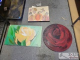 (2) Flower Paintings on Wood & Pumpkin Painting