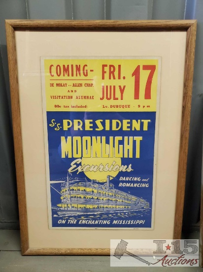Vintage S.S. President Moonlight Excursions Poster Framed