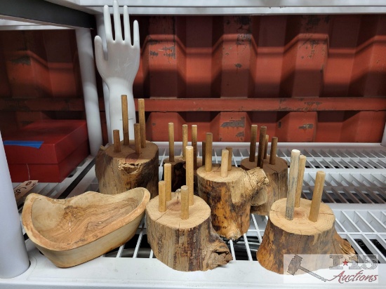 (6) Wooden Sculptures, Wooden Bowl & Ceramic Hand