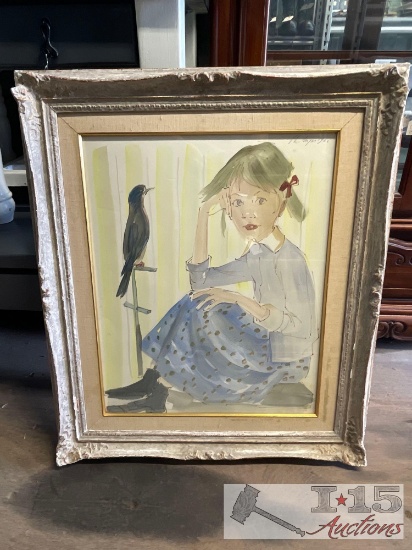 Philippe Henri Noyer (1917-1985) "Girl with Bird" Framed Artwork