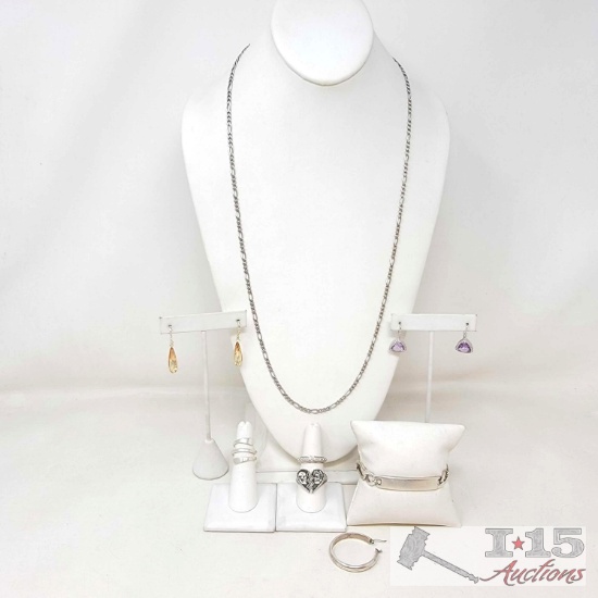 Sterling Silver Chain, Ring, Earrings & Bracelet, 82g