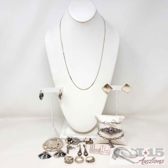 Sterling Silver Earrings, Pins, Rings & Chain, 115g