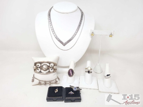 Sterling Silver Chains, Bracelets, Rings and Pins, 96g