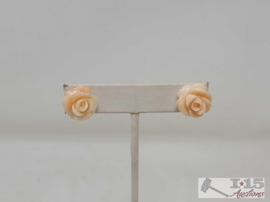 14k Gold Coral Flower Earrings, 5g