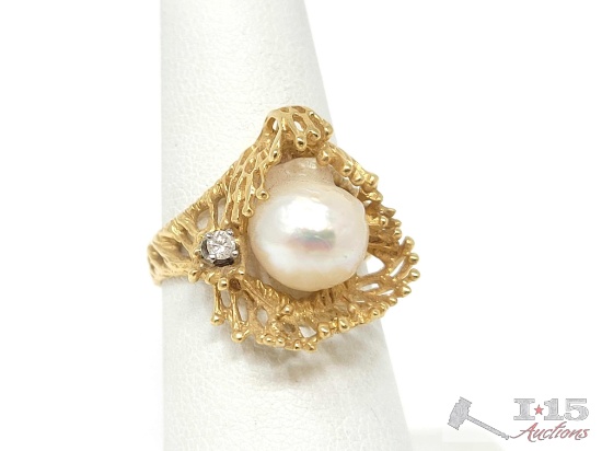 14k Gold Pearl Center & Diamond Accent Ring, 6g