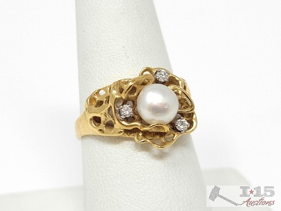 14k Gold Pearl & Diamond Accent Ring, 5g
