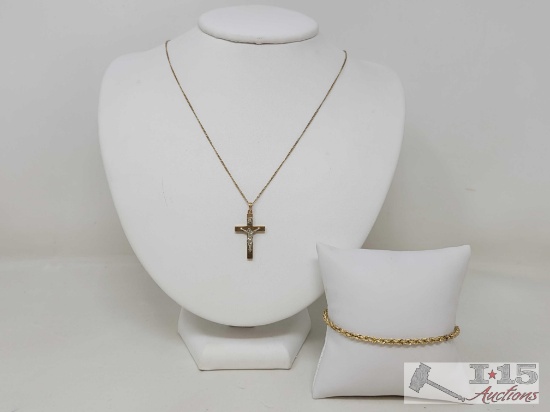 10k Gold Chain, Cross Pendant & Bracelet, 3g