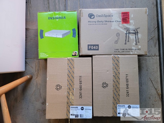 2 Packs of LED Lightbulbs, Shower Chair, and DVD Player
