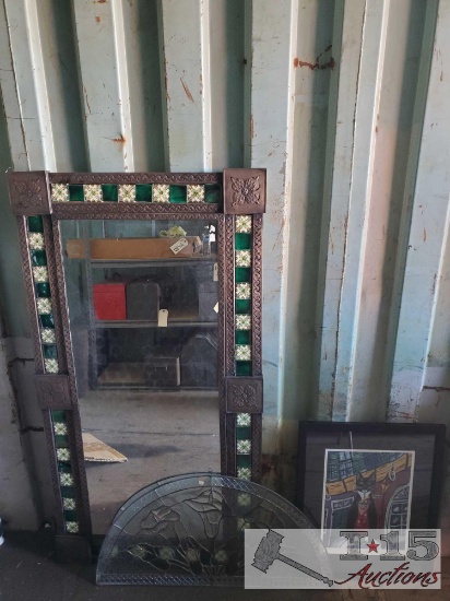 Metal Frame With Tile Pattern Mirror, Beveled Arch Clear Stained Glass, And Creole Cat Framed Art