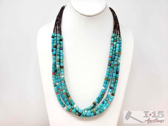 Pueblo Style Indian Corn Necklace Kingman Turquoise Charoite Sterling Silver, 110g