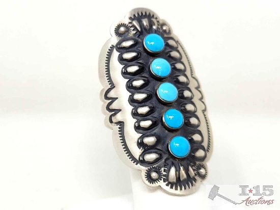 Native American L.Tahe Sterling Silver & Turquoise Statement Ring, 20g