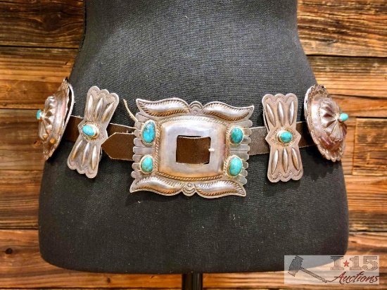1940s Era Native American Hand Stamped Sterling Concho Belt with Amazing Turquoise Stones, 596g