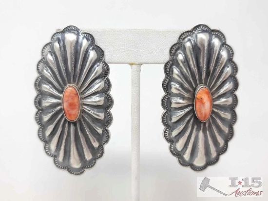 Native American Sterling Silver Earrings with Orange Spiny Oyster, 14.7g