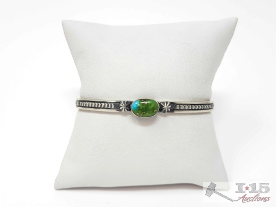 Native American Sterling Silver Dainty Turquoise Cuff, 16g