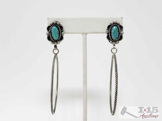 Native American Sterling Silver Turquoise Hoop Earrings, 14g