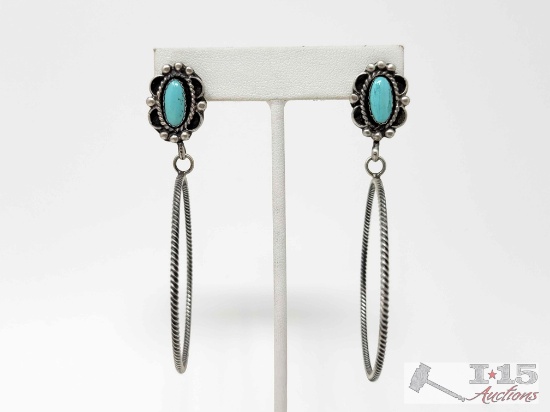 Native American Sterling Silver Turquoise Hoop Earrings, 14g