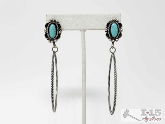 Native American Sterling Silver Turquoise Hoop Earrings, 14g