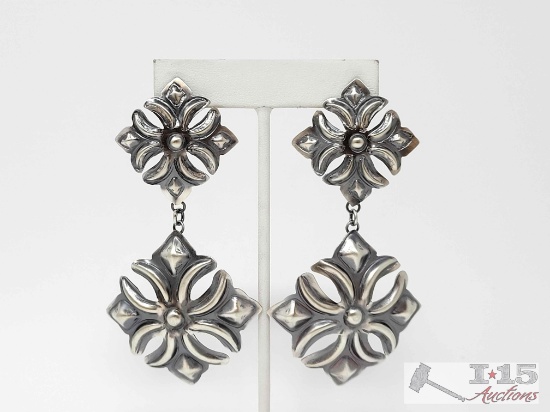 Native American Sterling Silver Dangle Concho Earrings, 11g